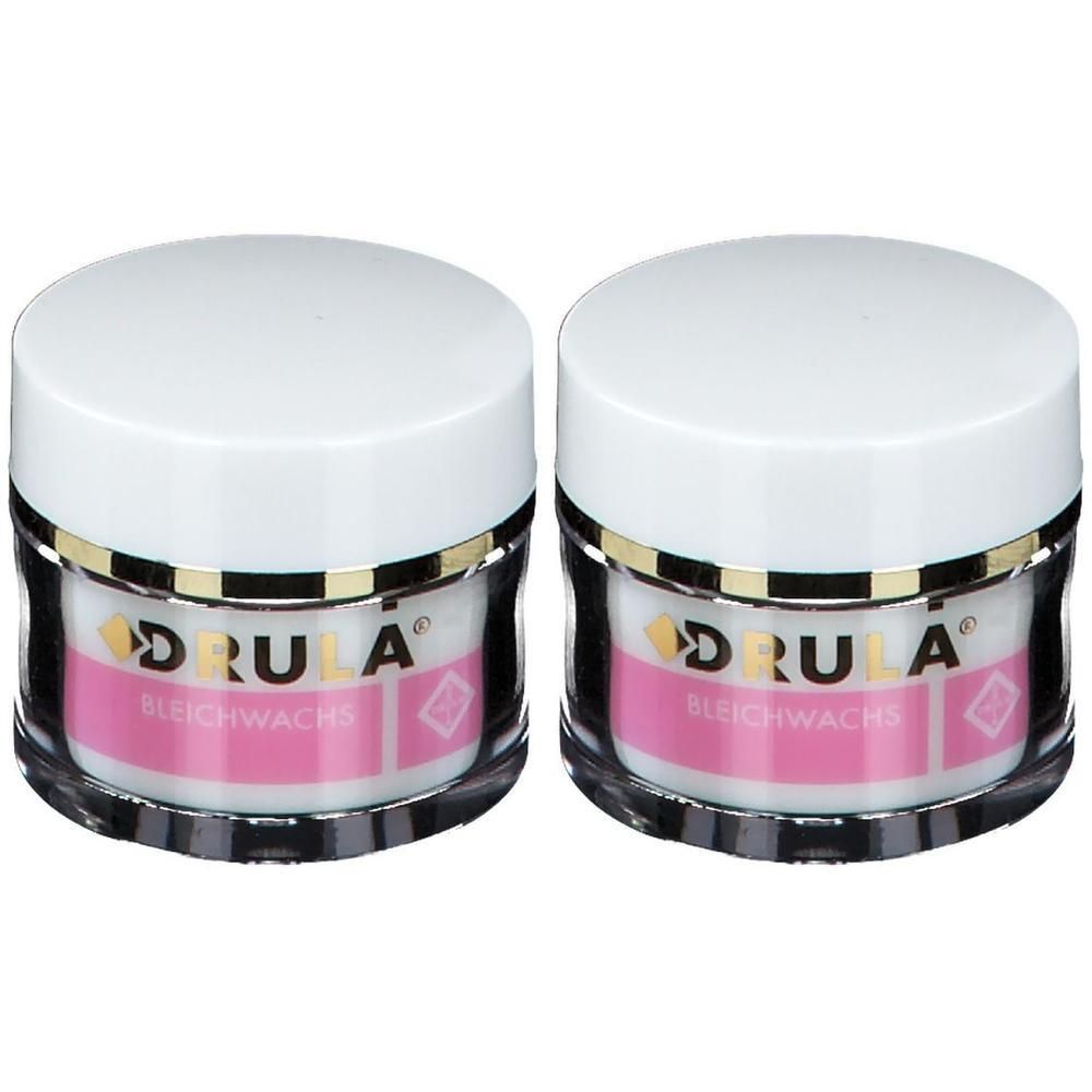Zwei Tiegel DRULA® Bleichwachs mit weißen Deckeln und rosa Etiketten. Aufschrift: DRULA, Bleichwachs.