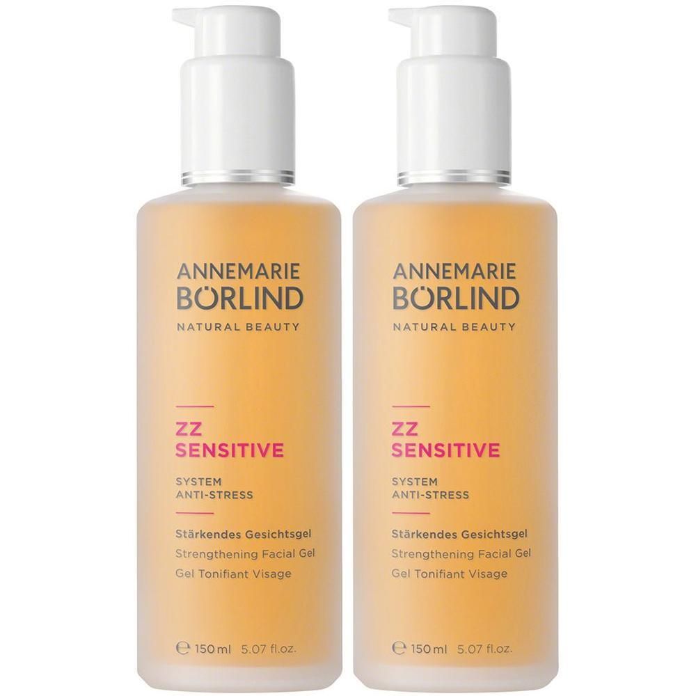 Zwei Flaschen ANNEMARIE BÖRLIND ZZ SENSITIVE Stärkendes Gesichtsgel mit Pumpspendern.
