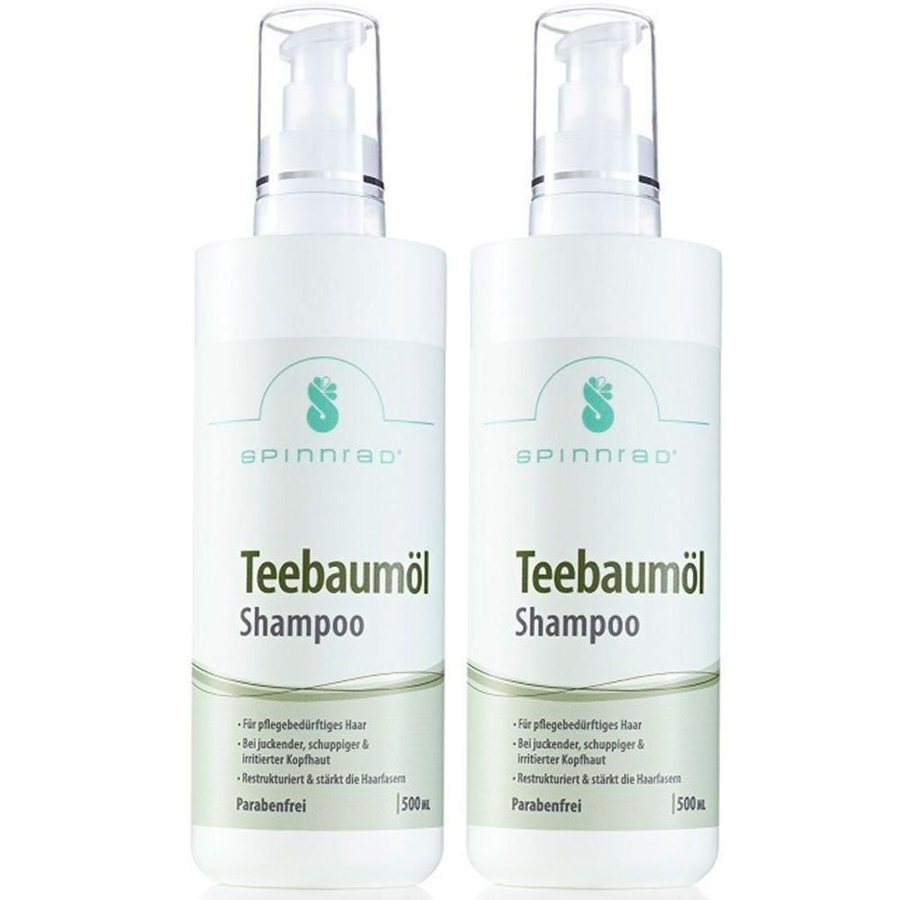 Zwei weiße Shampoo-Flaschen mit Pumpaufsatz. Aufschrift: Spinnrad Teebaumöl Shampoo. Enthält weitere Textinformationen.
