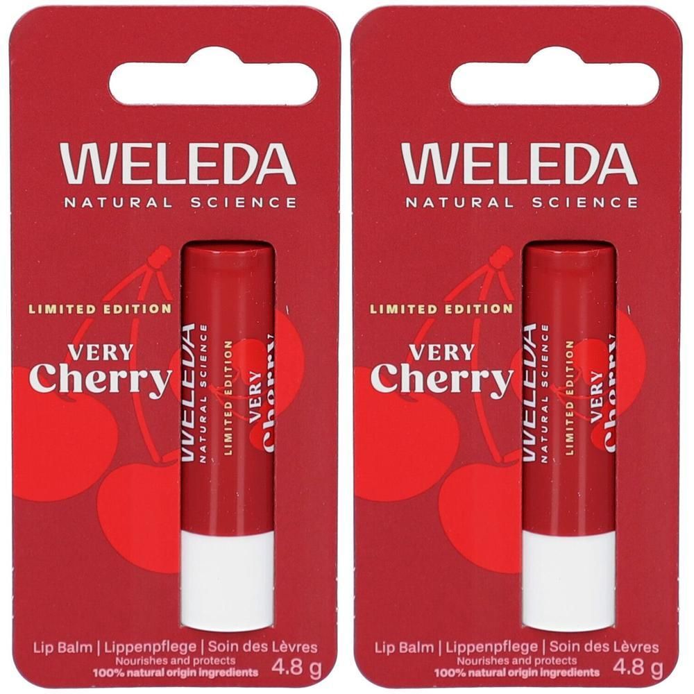 Zwei Lippenpflegestifte in roter Verpackung. Aufschrift: WELEDA, Very Cherry, Limited Edition. 4,8 g.