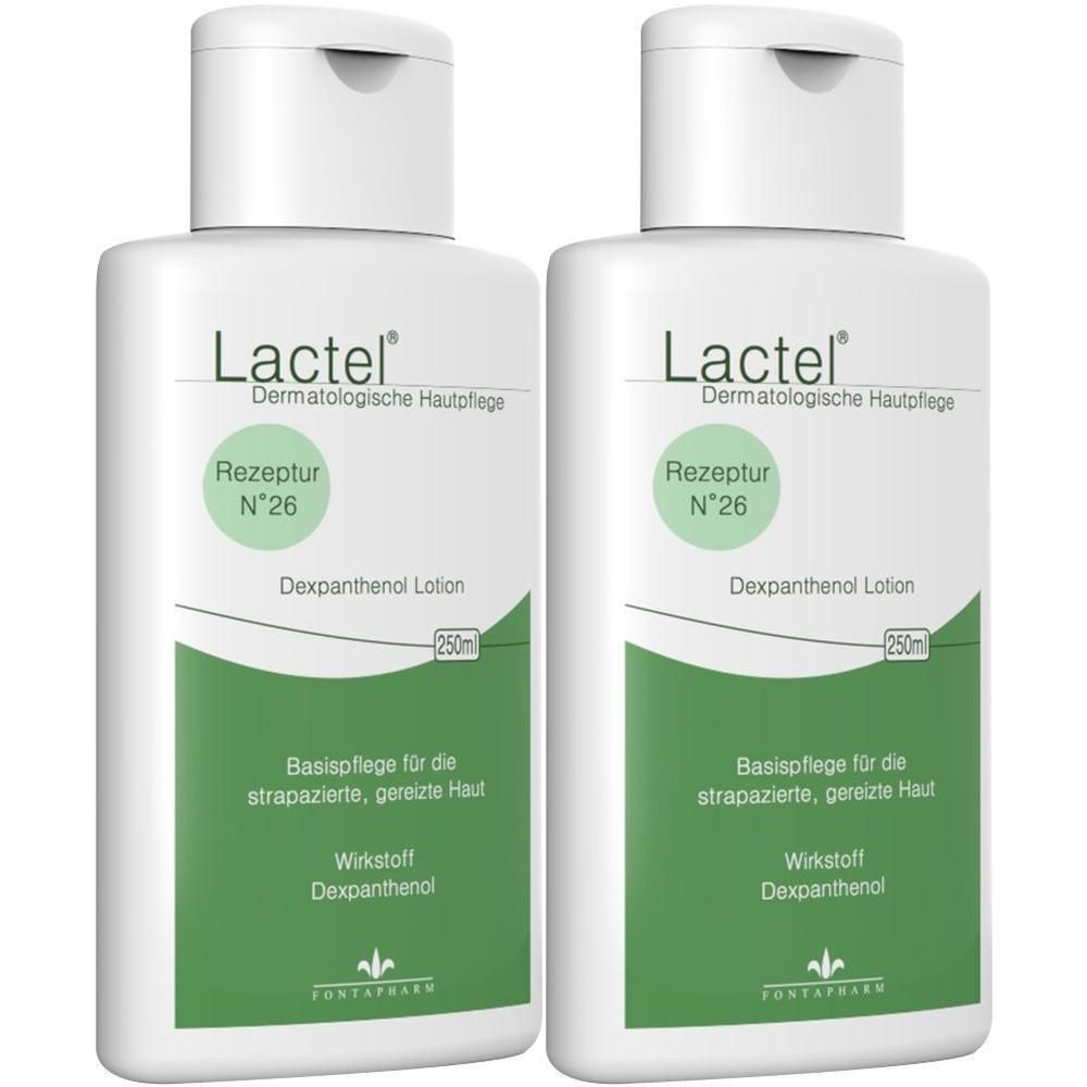Zwei weiße Flaschen Lactel Dexpanthenol Lotion. Aufschrift: Rezeptur N°26. Grüne Etiketten mit Produktinformationen. Weiße Deckel.