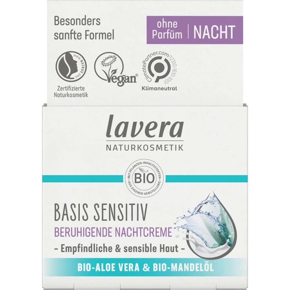Karton mit Produktnamen, Logo und Siegeln. Vegan-Siegel. Aufschrift: Beruhigende Nachtcreme. Bio-Siegel. Ohne Parfum.