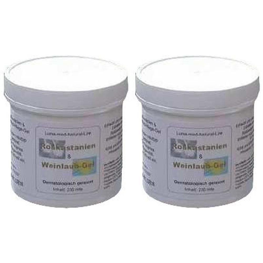 Zwei weiße Tiegel mit Roßkastanien & Weinlaub-Pflege-Gel. Inhalt je 200 ml.