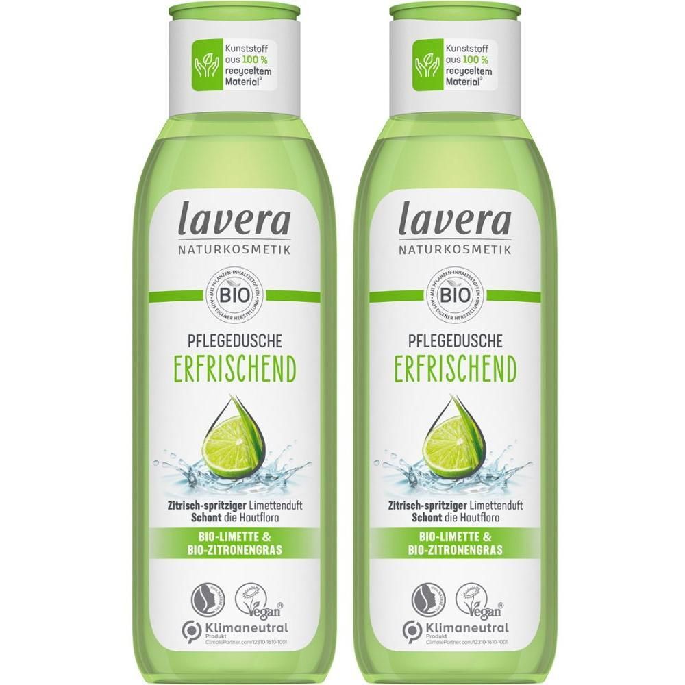 Zwei grüne Flaschen mit weißem Deckel. Aufschrift: lavera NATURKOSMETIK, Pflegedusche erfrischend. Bio-Limette & Bio-Zitronengras.