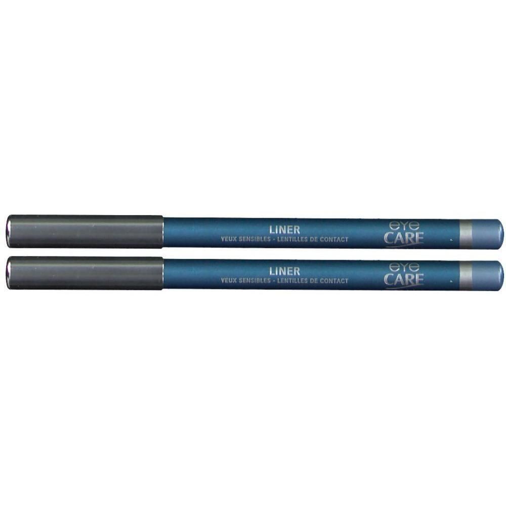 Zwei blaue Kajalstifte mit grauen Kappen. Aufschrift: LINER, EYE CARE. Für empfindliche Augen und Kontaktlinsenträger.