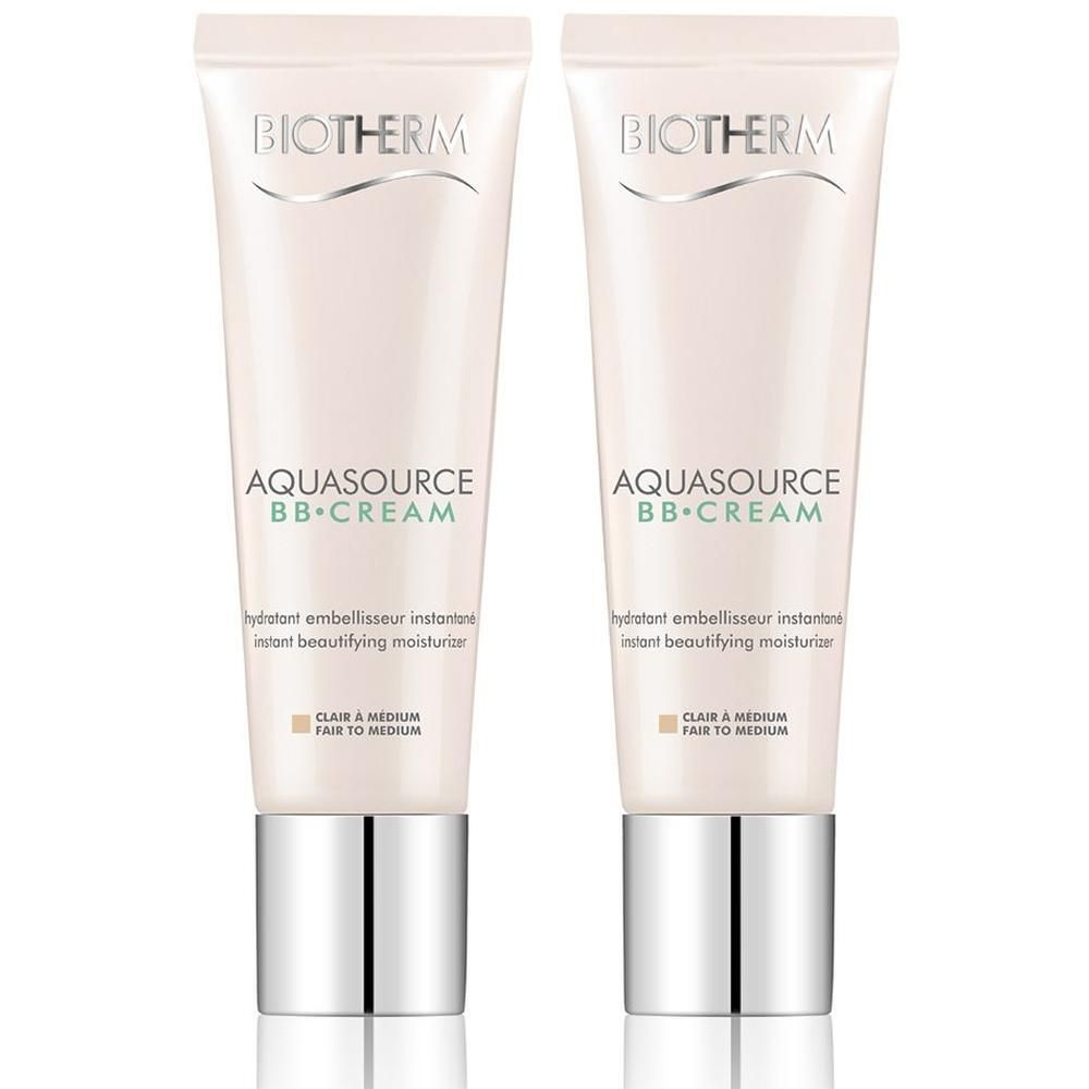 Zwei Tuben BIOTHERM Aquasource BB Cream. Aufschrift: Aquasource BB Cream, Claire & Medium, SPF15. Weiße Tuben mit silbernen Kappen.