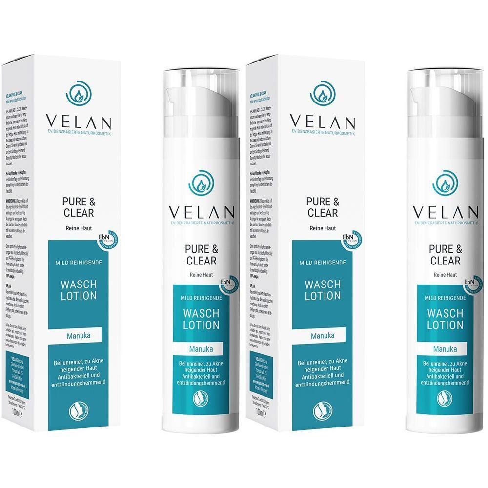 Mehrere Flaschen und Verpackungen von VELAN PURE & CLEAR Waschlotion. Weiße Flaschen mit Pumpaufsatz und türkisfarbener Schrift.