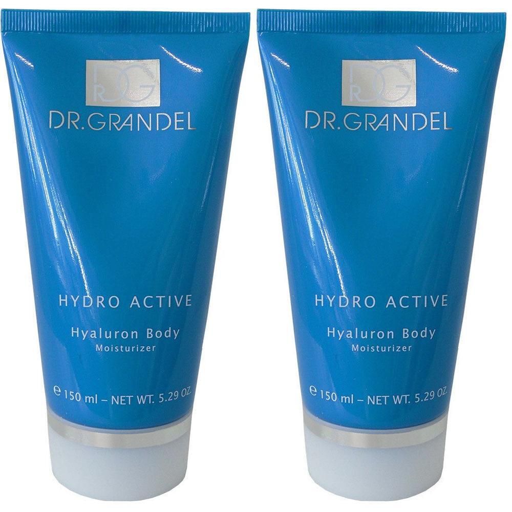Zwei blaue Tuben mit weißem Deckel. Aufschrift: DR. GRANDEL, HYDRO ACTIVE, Hyaluron Body Moisturizer. 150 ml.