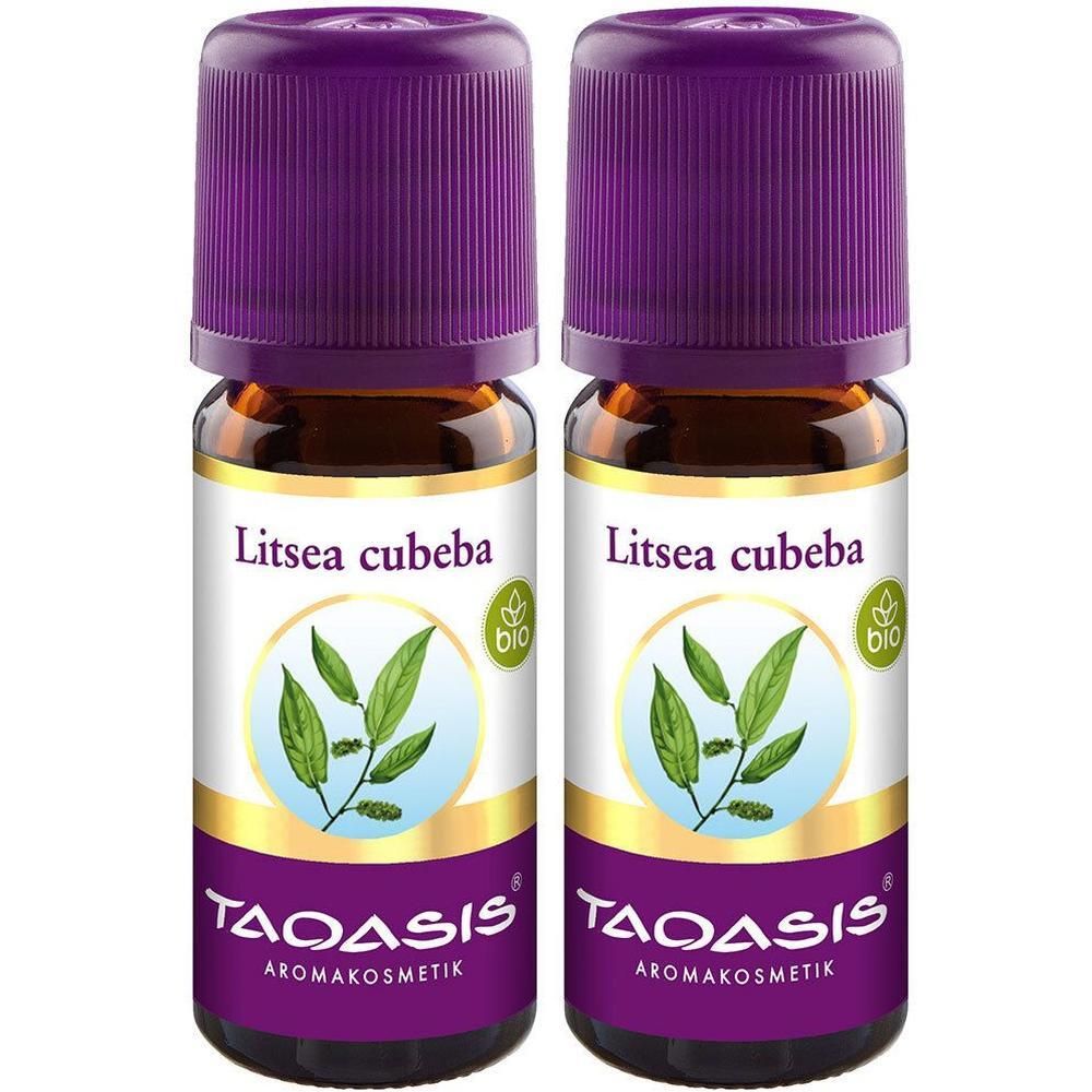 Zwei braune Glasflaschen mit lila Deckeln. Auf den Etiketten steht "Litsea cubeba" und "TAOASIS". Bio-Siegel.