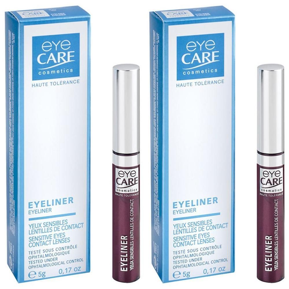 Zwei Eyeliner-Tuben und zwei Verpackungen. Die Verpackung zeigt den Markennamen EYE CARE und die Aufschrift EYELINER. Die Tuben sind dunkelrot.