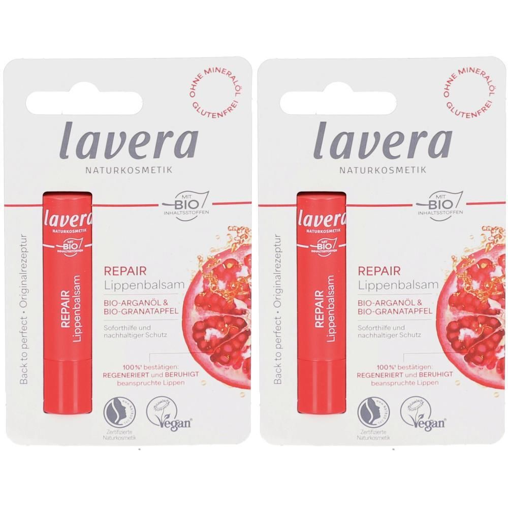 Zwei Lippenbalsam-Stifte in roter Hülle auf weißer Verpackung. Aufdruck: "lavera", "REPAIR Lippenbalsam", Bio-Siegel, vegan.