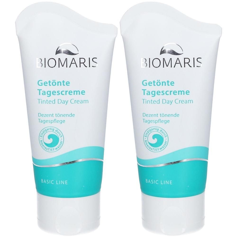 Zwei Tuben BIOMARIS Getönte Tagescreme. Weiße Tuben mit türkisfarbenem Streifen und Schriftzug. Aufschrift: Getönte Tagescreme, Tinted Day Cream.