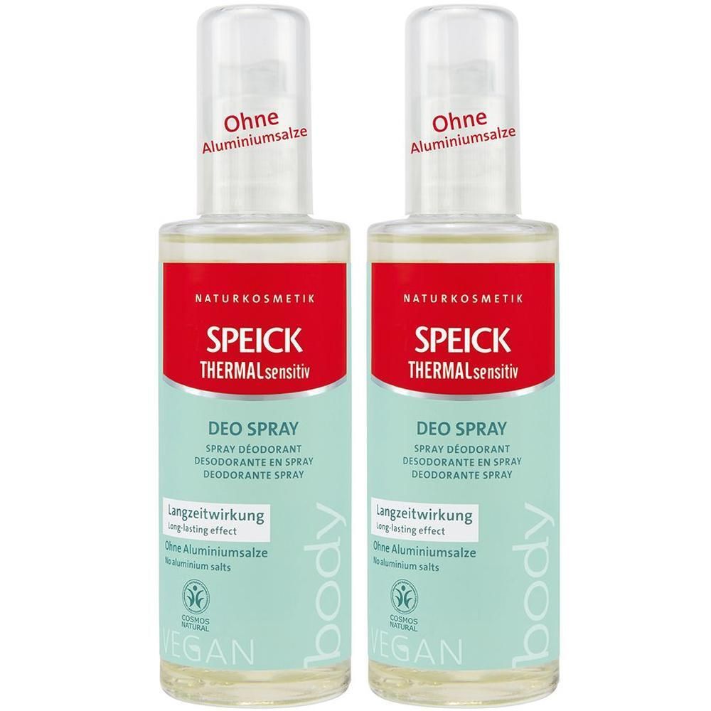 Zwei Deosprays mit rotem Etikett. Aufschrift: SPEICK THERMAL sensitiv, Deo Spray. Ohne Aluminiumsalze. Vegan.