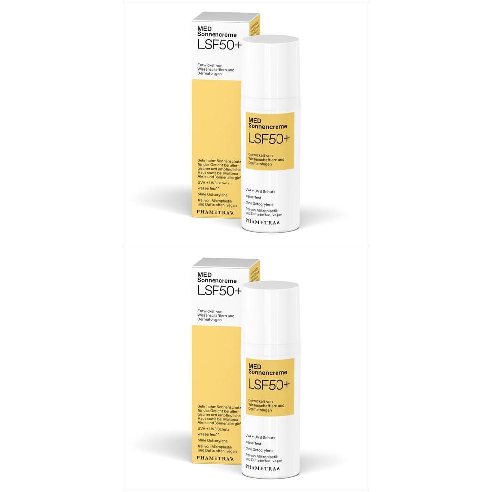 Zwei Flaschen und Verpackungen von PHAMETRA MED Sonnencreme LSF 50+. Weiße Flaschen, gelbe Verpackung mit Text.