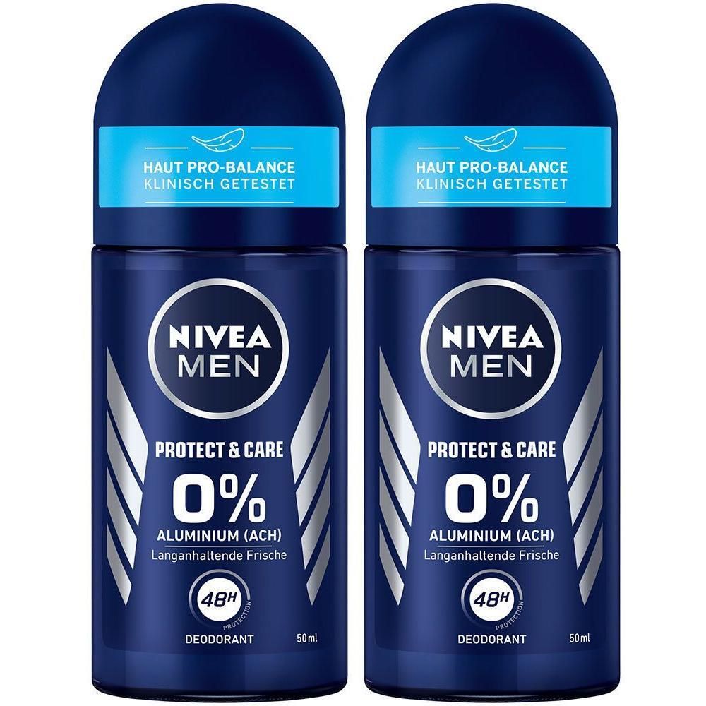 Zwei blaue Roll-on Deodorants. Aufschrift: NIVEA MEN, Protect & Care, 0% Aluminium, 48h Schutz. Mit blauer Kappe und weißer Schrift.