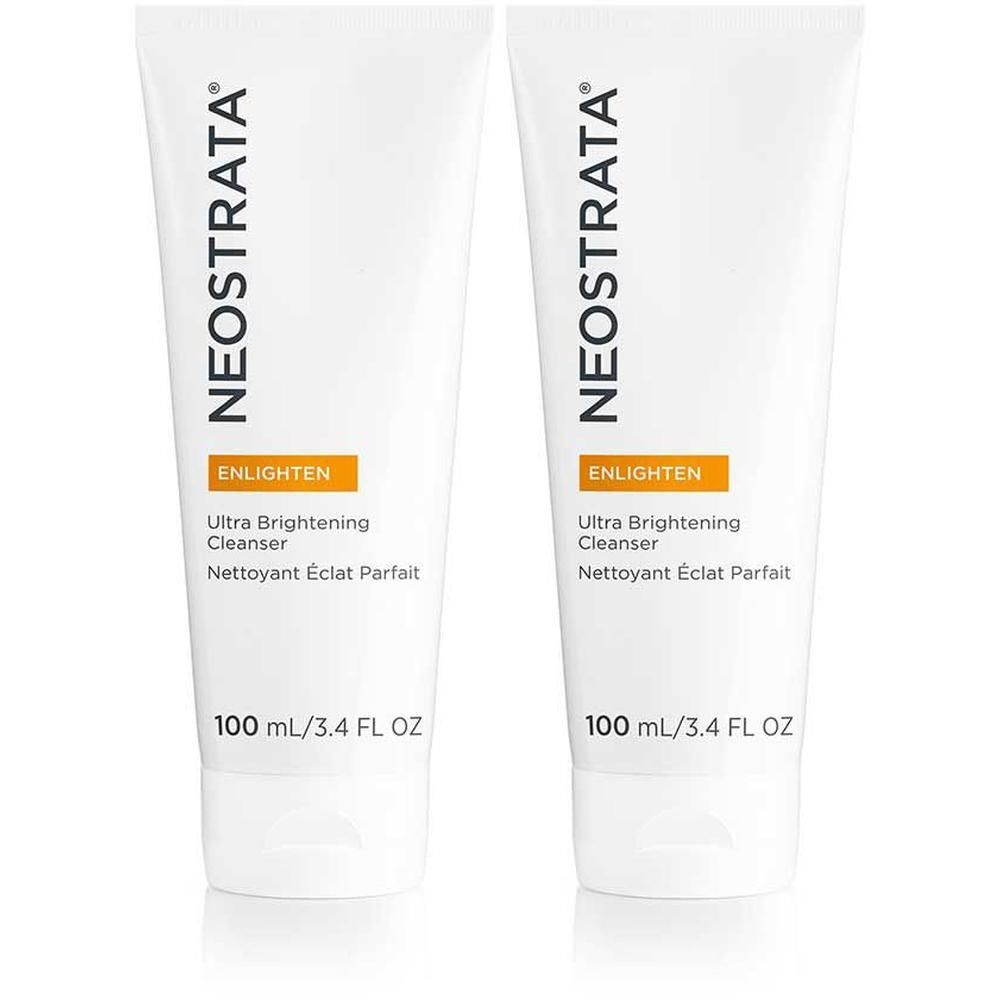 Zwei weiße Tuben mit "NEOSTRATA" und "ENLIGHTEN" Aufdruck. Text: Ultra Brightening Cleanser, Nettoyant Éclat Parfait. 100 mL/3.4 FL OZ.