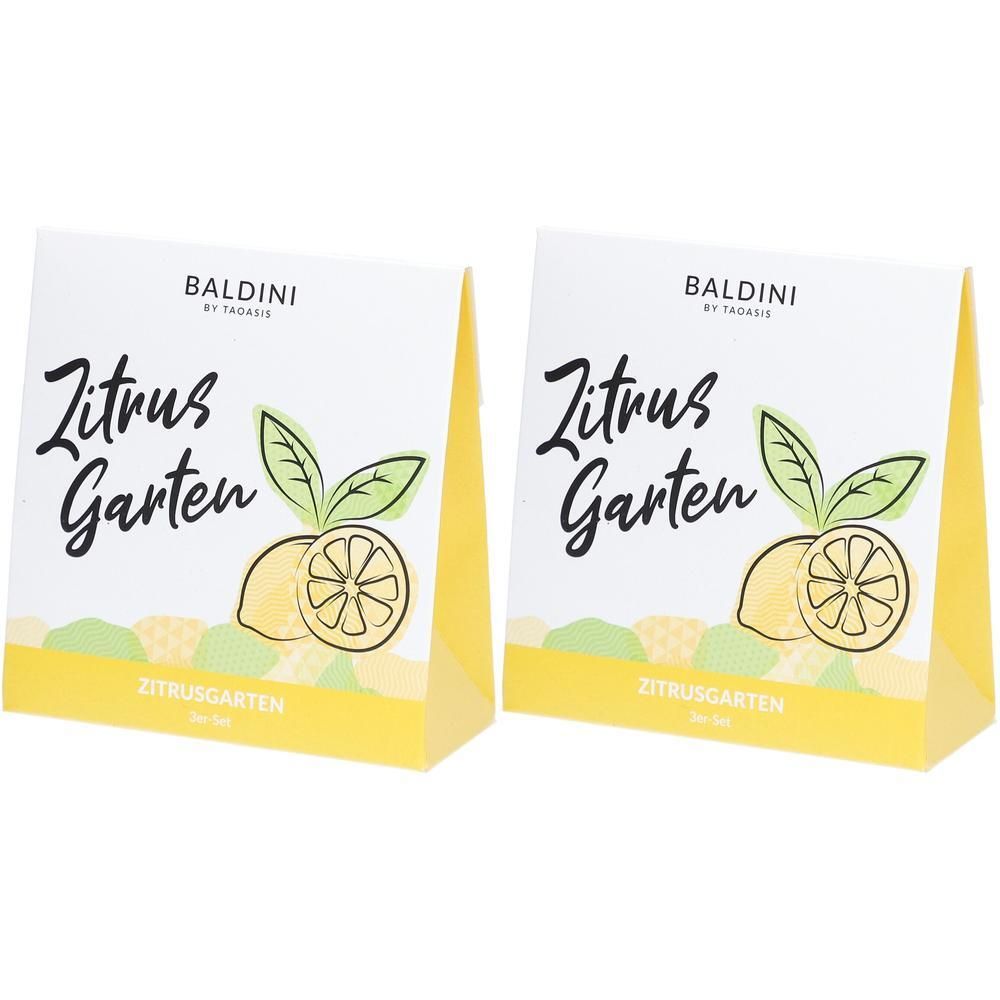 Zwei quadratische Verpackungen mit dem Aufdruck "BALDINI Zitrus Garten". Illustration einer Zitrone und Blättern. Gelbe und weiße Farben.