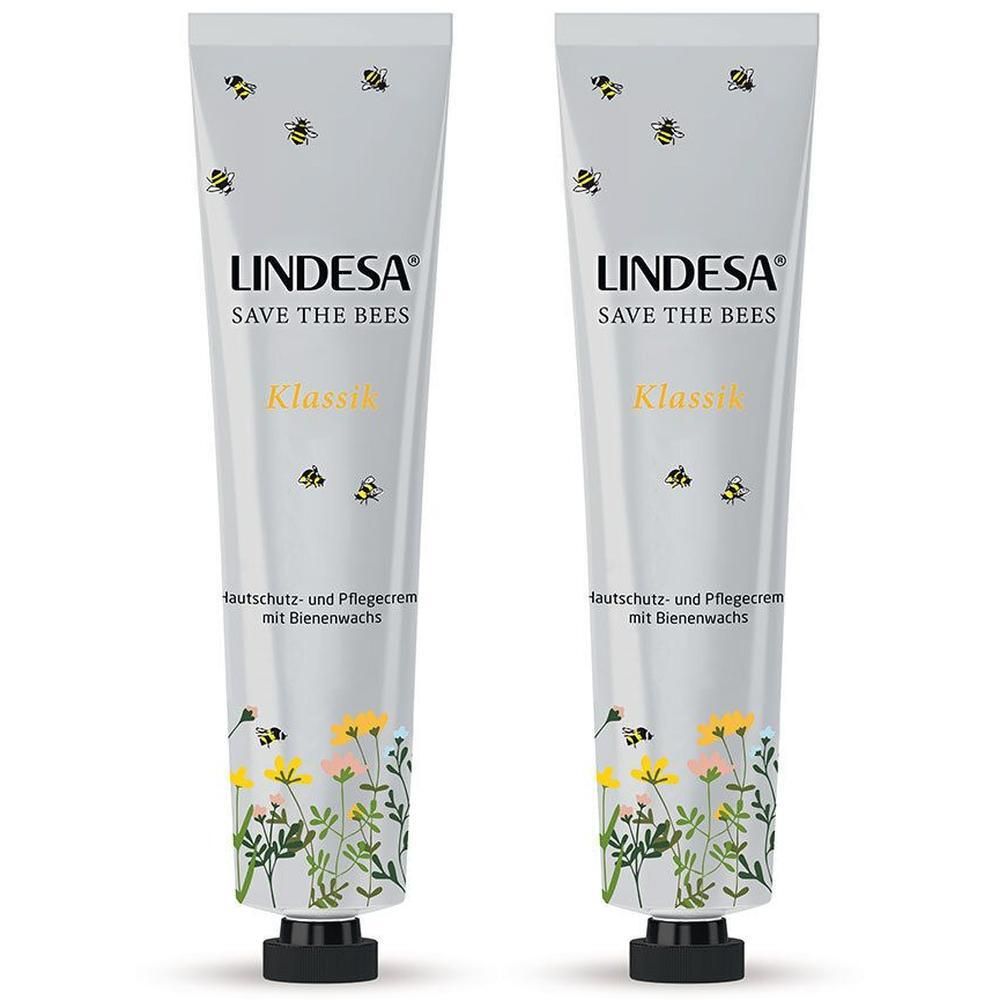 Zwei Tuben Hautschutz- und Pflegecreme. Aufschrift: LINDESA SAVE THE BEES, Klassik. Mit Bienen-Illustrationen und floralem Design.