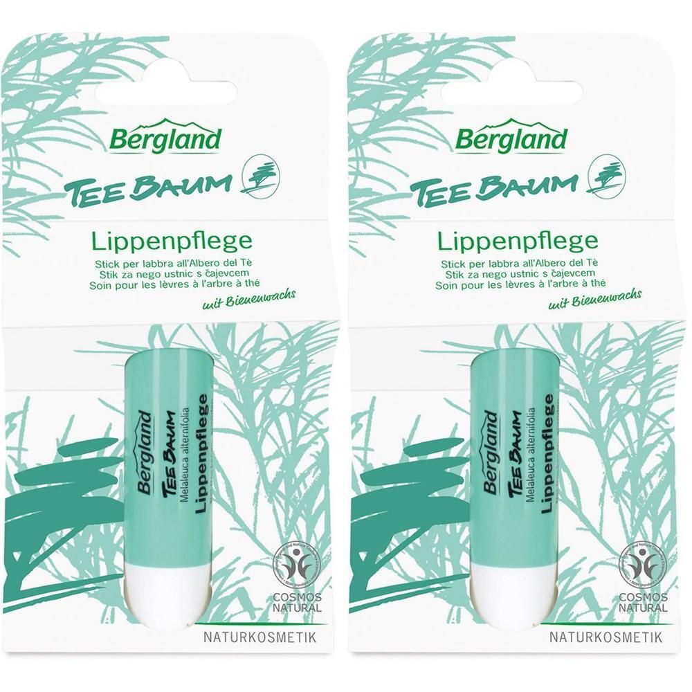 Zwei Lippenpflegestifte in Blisterverpackung. Türkisgrüner Stift mit weißer Spitze. Aufschrift: Bergland, Tee Baum, Lippenpflege.