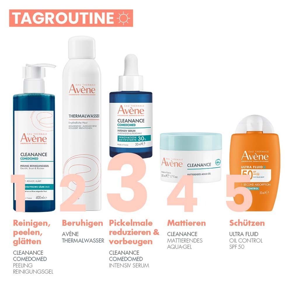 Tagesroutine mit Avène Produkten.  Avène Cleanance Comedomed Intensiv Serum ist enthalten.