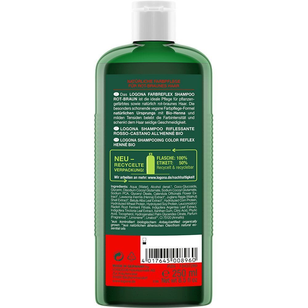 Rückseite einer grünen Flasche LOGONA FARBREFLEX SHAMPOO. Rote Schrift, Text, Inhaltsstoffe, Recycling-Logo. Weißer Deckel.