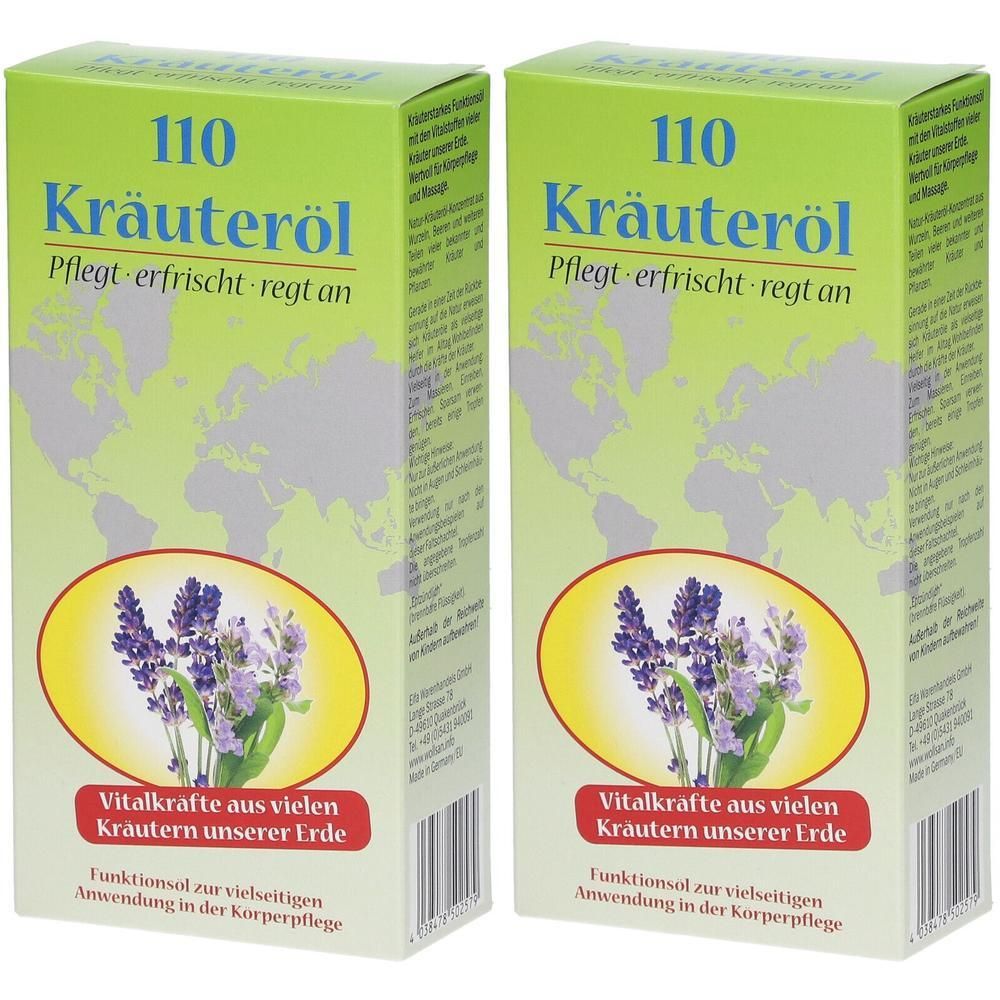 Zwei grüne Kartons mit Produktnamen und floralem Design. Text: 110 Kräuteröl, Vitalkräfte aus Kräutern.