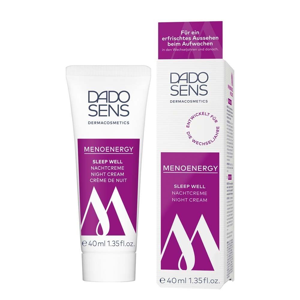 DADOSENS MENOENERGY SLEEP WELL Nachtcreme. Tube und Verpackung. Weiße Tube, lila Schrift. 40ml.