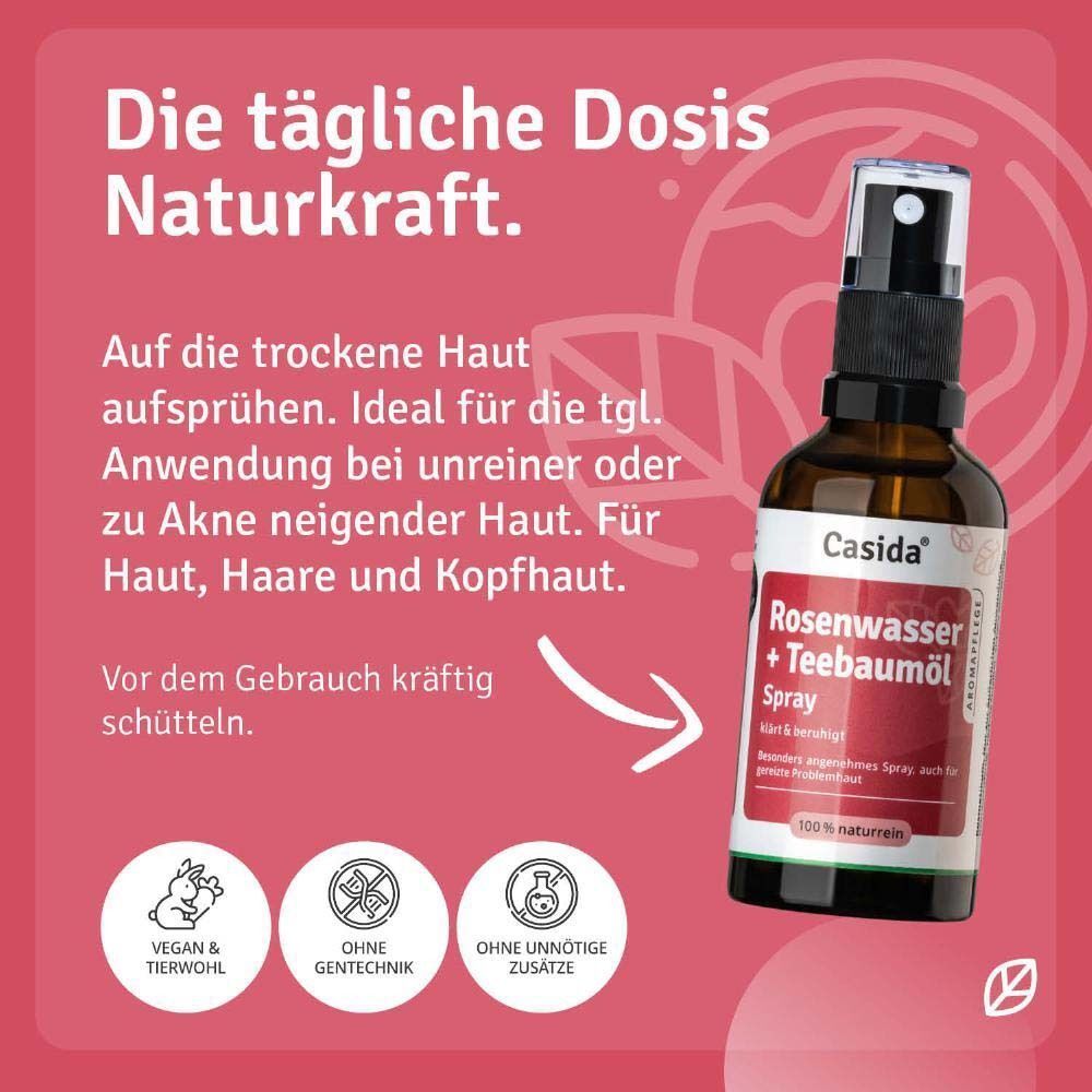 Casida® Rosenwasser + Teebaumöl Spray. Flasche mit weißem Etikett. Text: Vegan & tierwohl, ohne Gentechnik, ohne unnötige Zusätze.