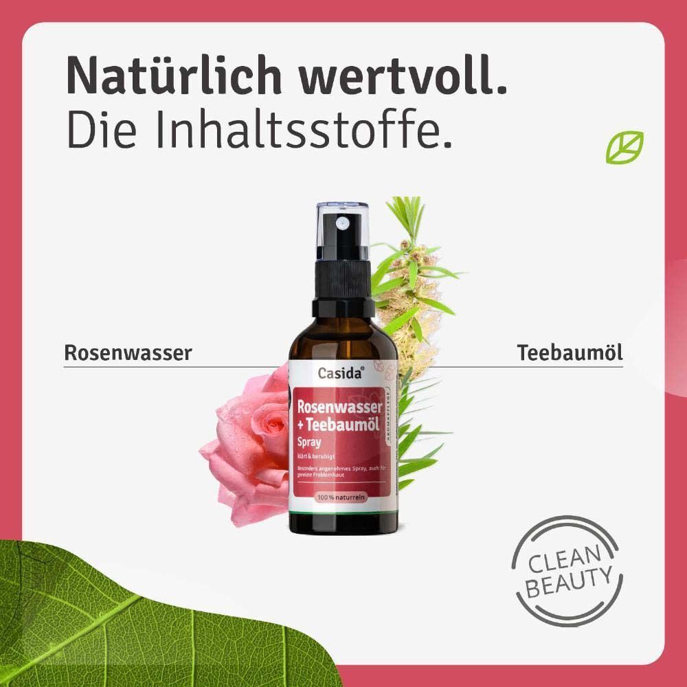 Casida® Rosenwasser + Teebaumöl Spray. Flasche mit weißem Etikett. Abbildung von Rose und Teebaum. Text: Clean Beauty.