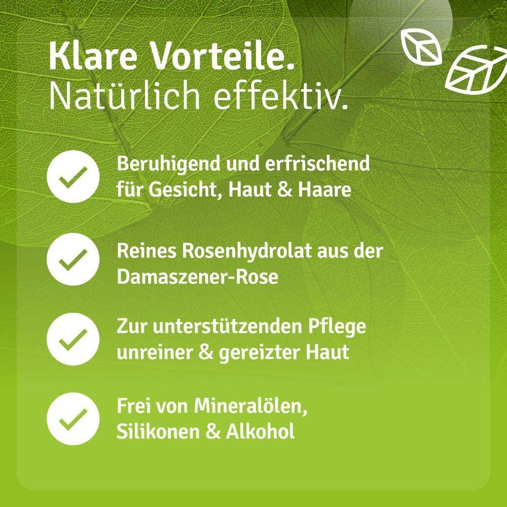 Casida® Rosenwasser + Teebaumöl Spray. Flasche mit weißem Etikett. Text: Beruhigend und erfrischend, für Gesicht, Haut & Haare.