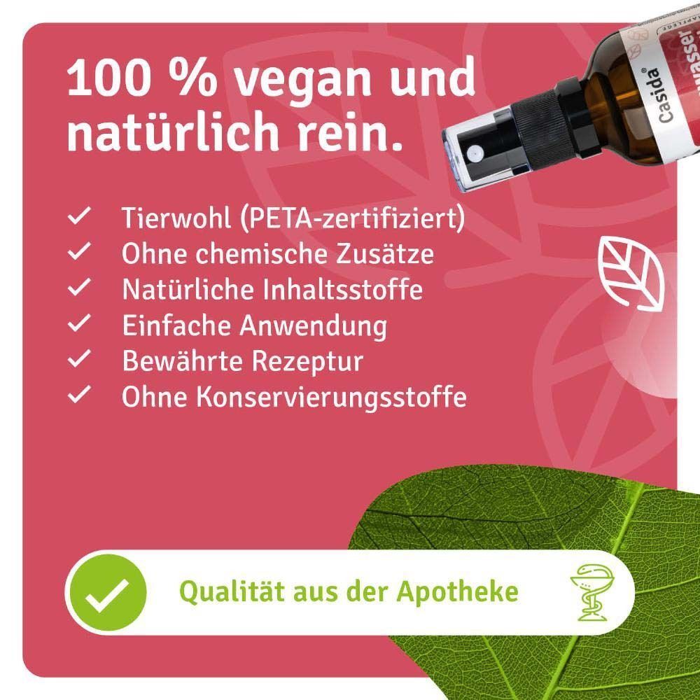Casida® Rosenwasser + Teebaumöl Spray. Flasche mit weißem Etikett. Text: 100% vegan und natürlich rein. Qualität aus der Apotheke.
