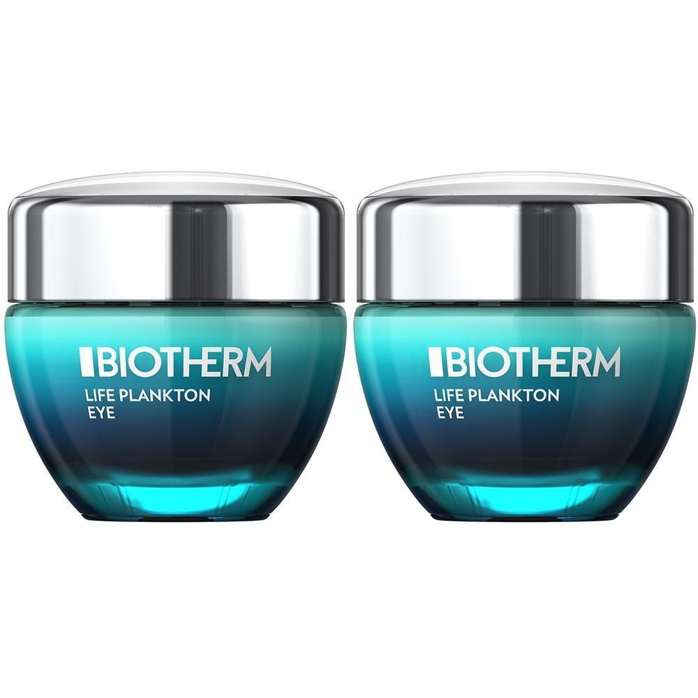 Zwei Tiegel BIOTHERM Life Plankton Eye Cream. Blaue Gläser mit silbernen Deckeln. Aufschrift: BIOTHERM LIFE PLANKTON EYE.