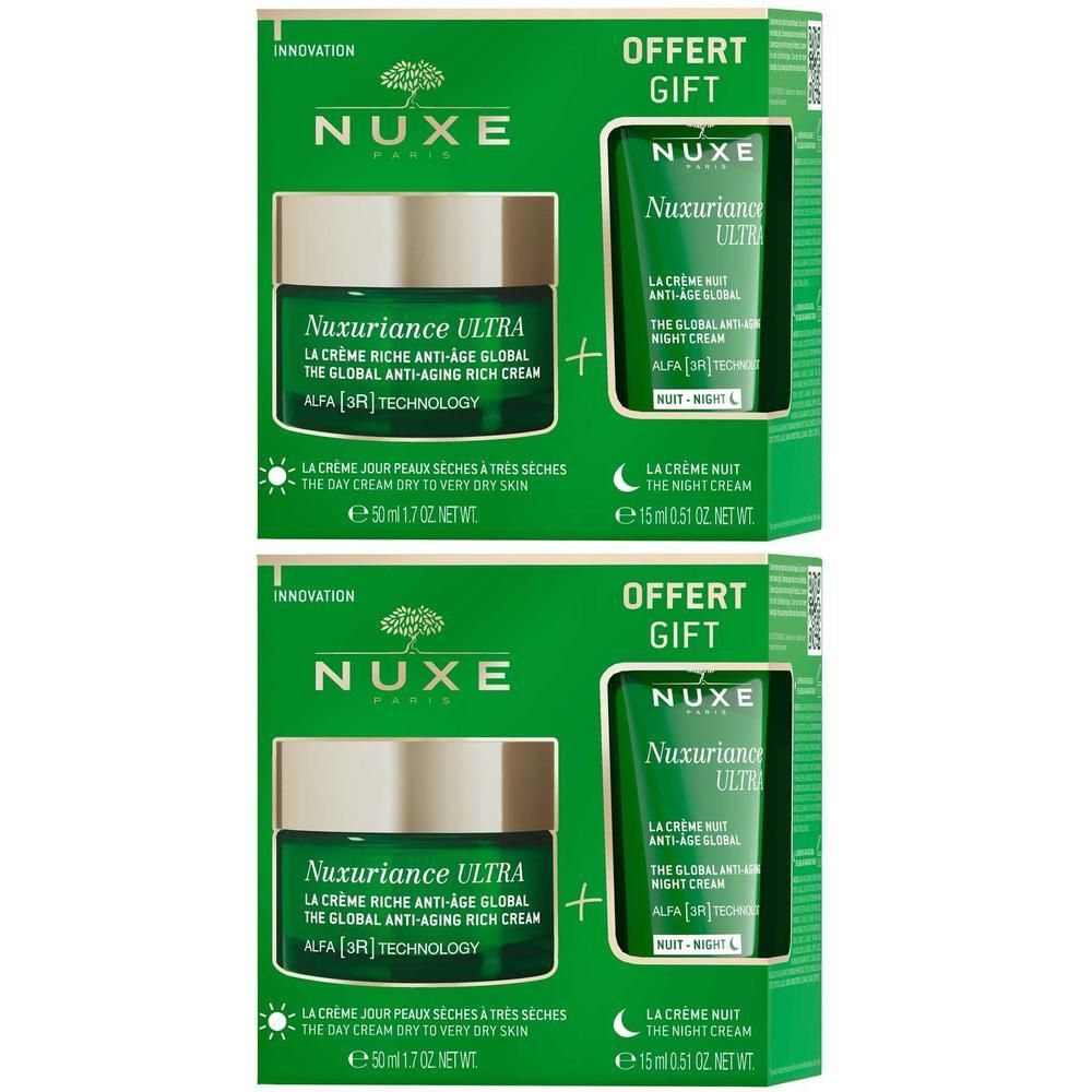 Zwei grüne Geschenkboxen mit Creme- und Nachtcreme-Sets. Aufschrift: NUXE, Nuxuriance Ultra. Angebot.