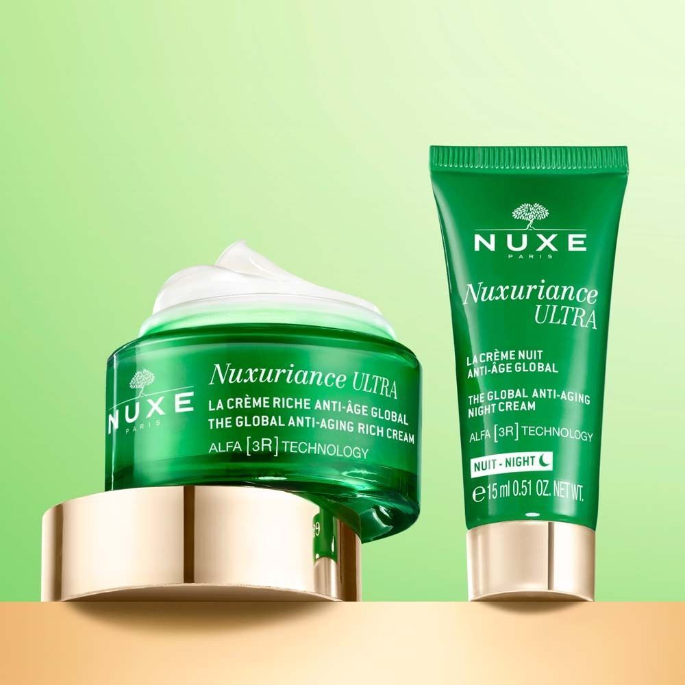 Grünes Creme- und Nachtcreme-Set. NUXE, Nuxuriance Ultra. Creme-Glas und Tube. Aufschrift: Anti-Aging.