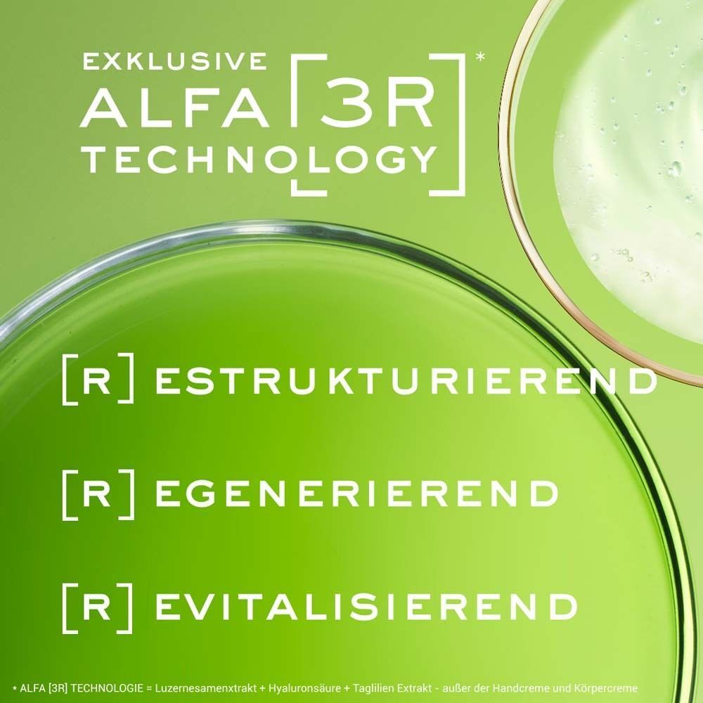 Nahaufnahme von Text auf grünem Hintergrund. Aufschrift: ALFA [3R] TECHNOLOGY, [R] ESTUKTURIEREND, [R] EGENERIEREND, [R] EVITALISIEREND.