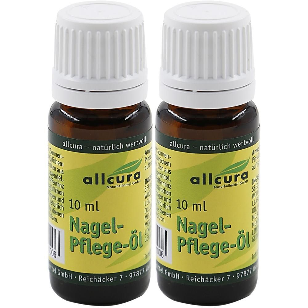 Zwei Flaschen Nagel-Pflege-Öl. Braune Glasflaschen mit weißem Deckel. Gelbes Etikett mit Produktname und Marke.