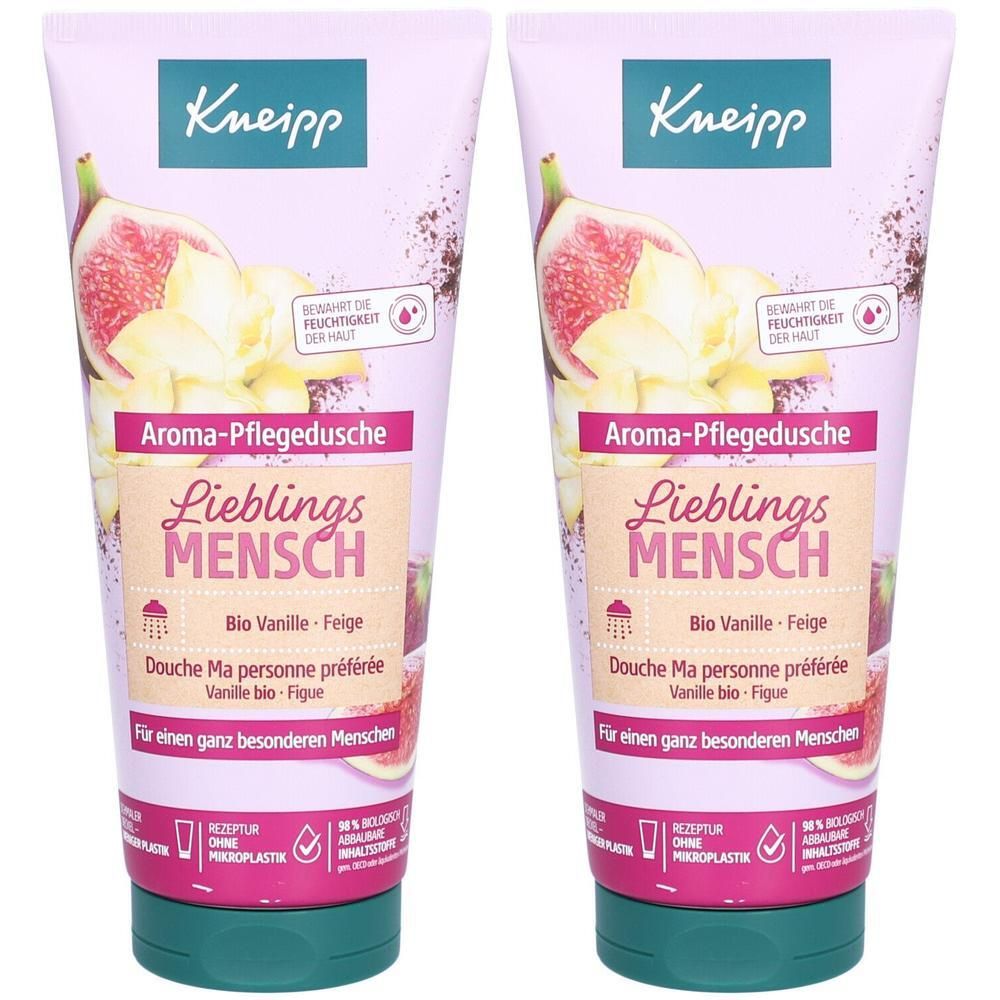 Zwei Tuben Kneipp Aroma-Pflegedusche Lieblingsmensch. Rosa-weißes Design mit Feigen- und Vanille-Motiv. Grüner Verschluss, Produktnamen.