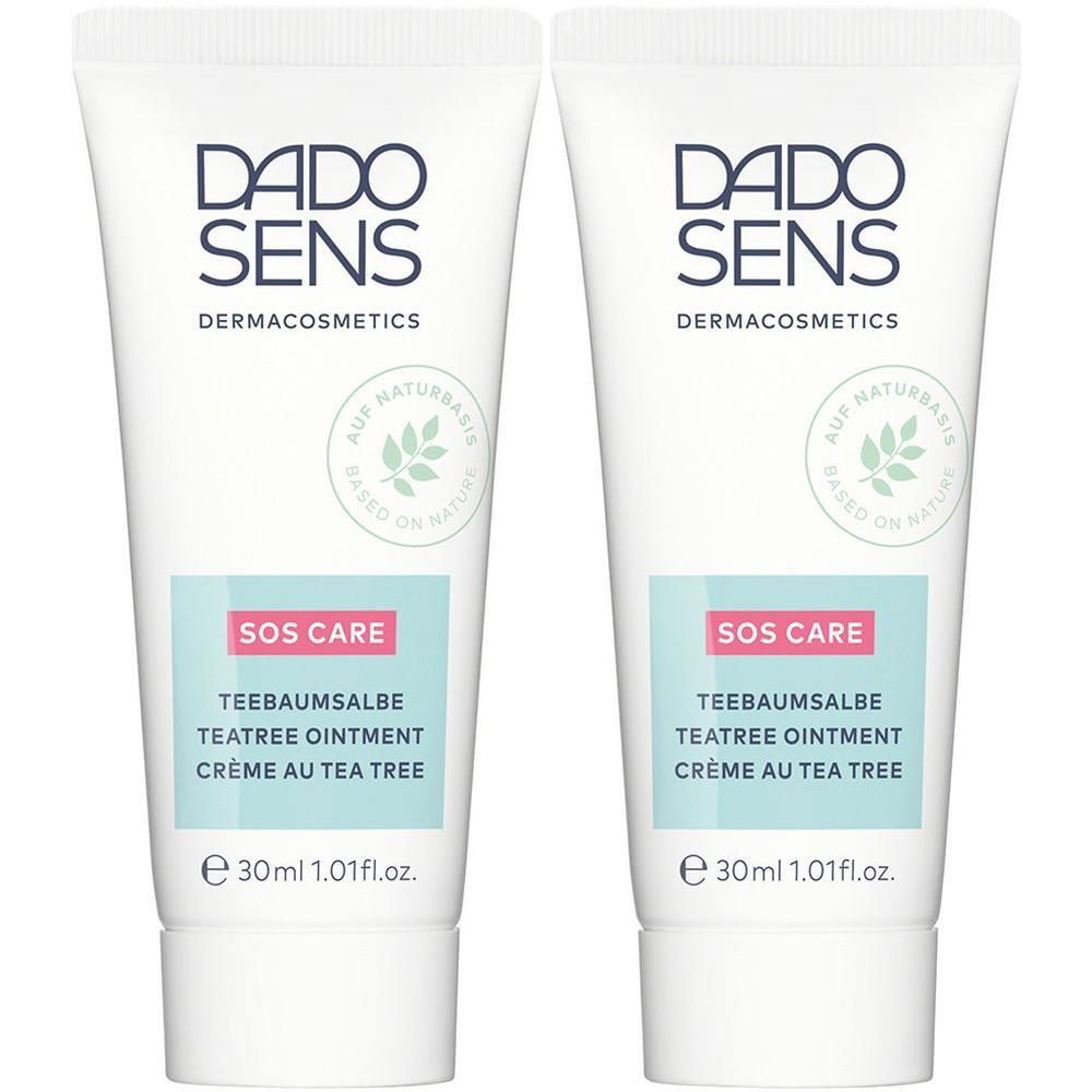 Zwei weiße Tuben DADO SENS SOS CARE Teebalsam mit je 30ml Inhalt.