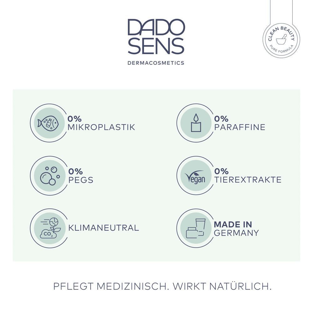 DADO SENS SOS CARE Teebalsam: Siegel für 0% Mikroplastik, Paraffine, PEGs, Tiertrekstrakte. Klimaneutral, Made in Germany.