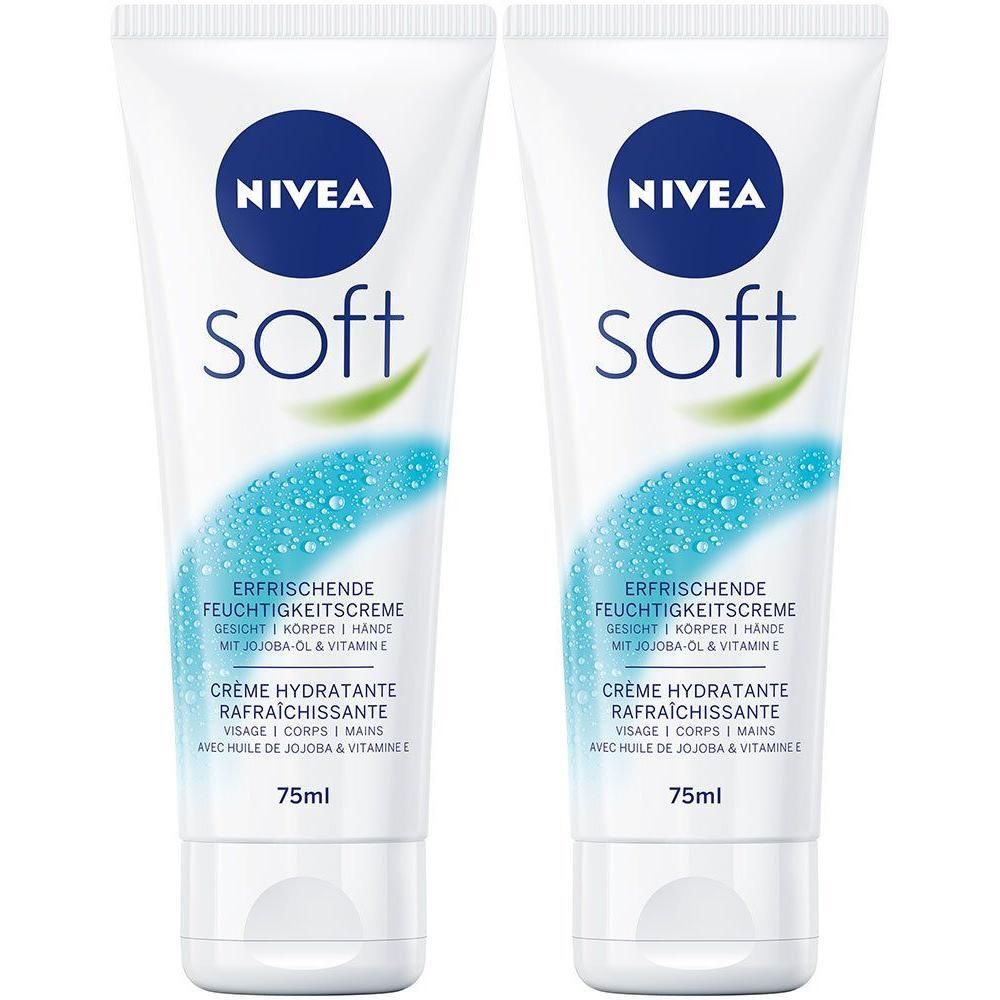 Zwei weiße Tuben NIVEA Soft Creme. Blaue Logos und Schriftzüge. Aufschrift: Erfrischende Feuchtigkeitscreme. 75ml.