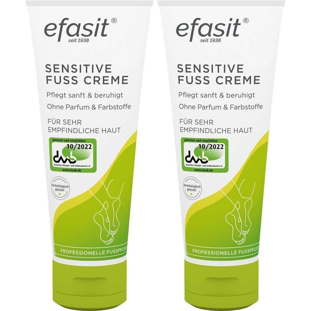 Zwei Tuben efasit Sensitive Fuß Creme. Weiße Tuben mit grünen Akzenten. Text: Sensitive Fuß Creme, ohne Parfum & Farbstoffe.