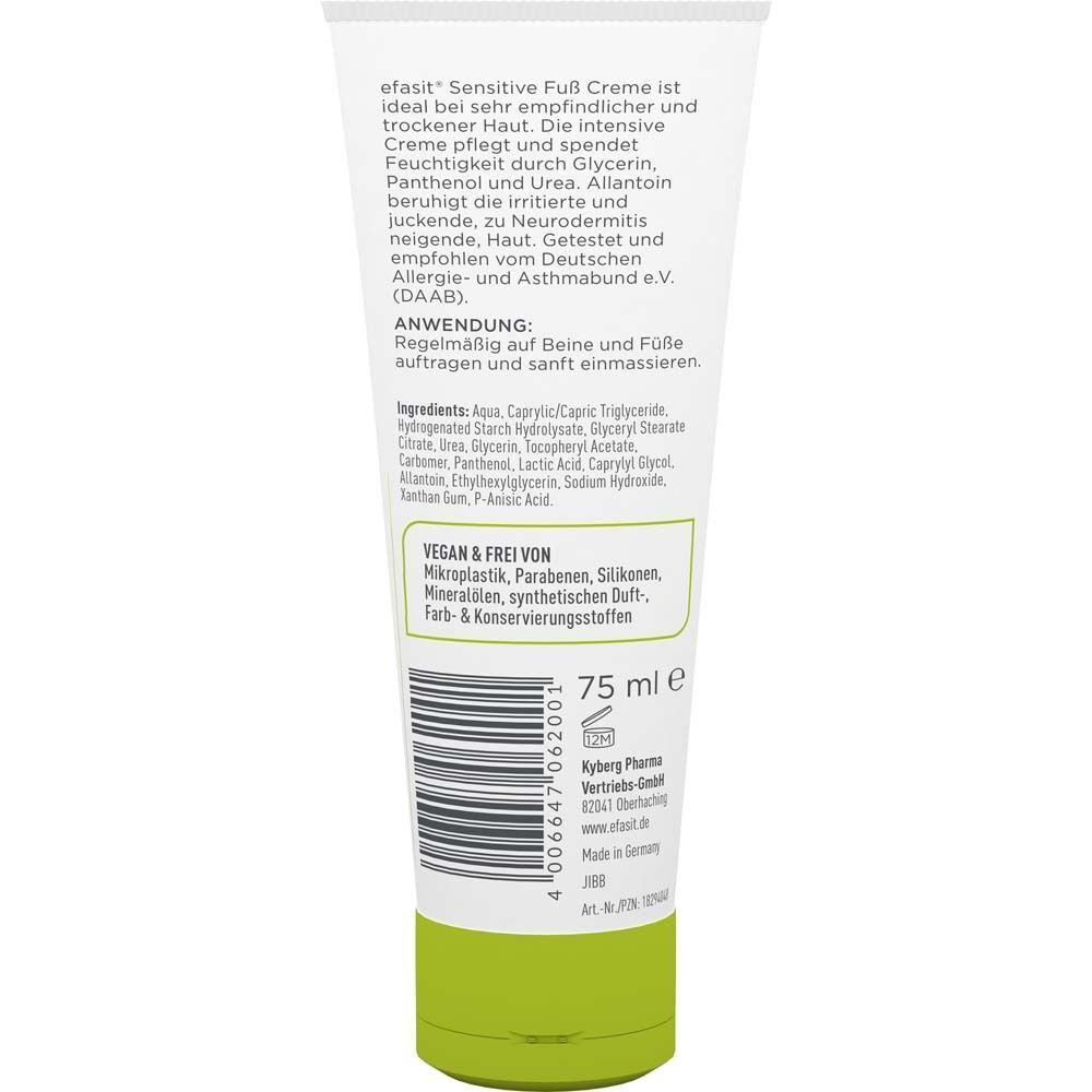 Rückseite einer Tube efasit Sensitive Fuß Creme. Text: Inhaltsstoffe, Anwendung, 75 ml. Barcode und Logo.