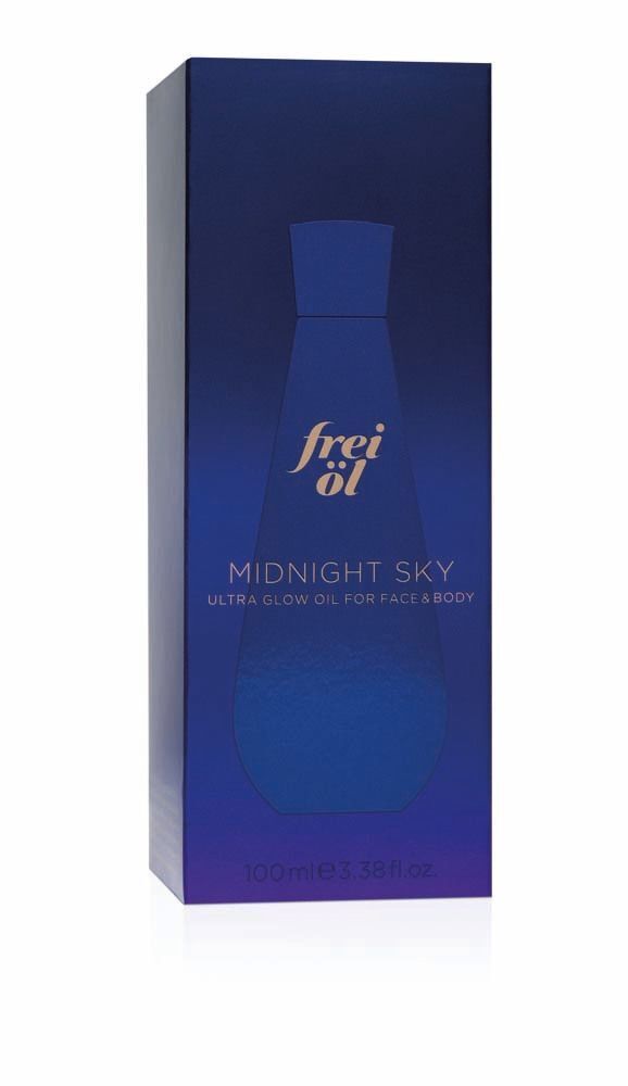 Blaue Produktverpackung. Auf der Verpackung steht "frei öl", "MIDNIGHT SKY" und "ULTRA GLOW OIL FOR FACE & BODY".