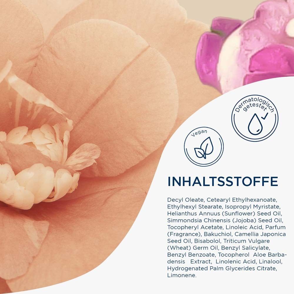 Nahaufnahme der Inhaltsstoffe. Text mit Inhaltsstoffen und Logos wie "Vegan" und "Dermatologisch getestet".