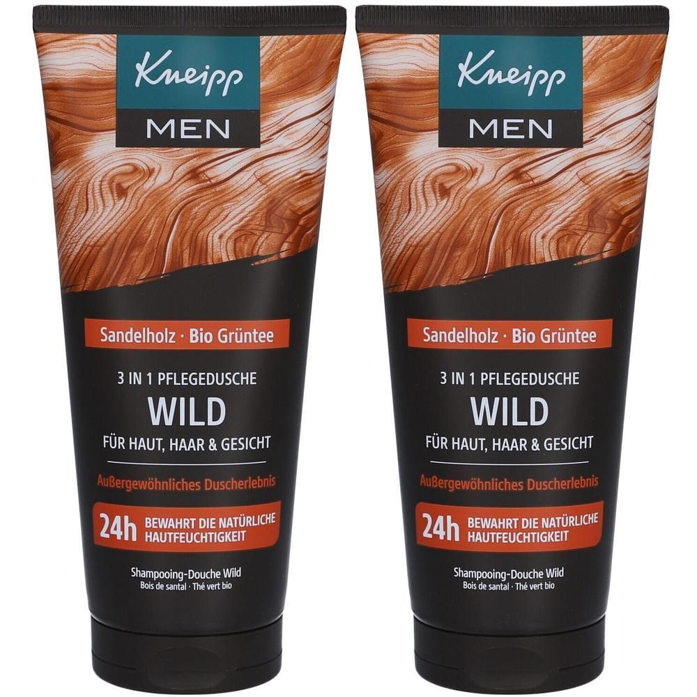Zwei Tuben Kneipp 3 in 1 Pflegedusche Wild. Schwarze Tuben mit Holzmaserung-Design. Text: Kneipp, MEN, Sandelholz Bio Grüntee, 3 in 1 Pflegedusche, Wild.