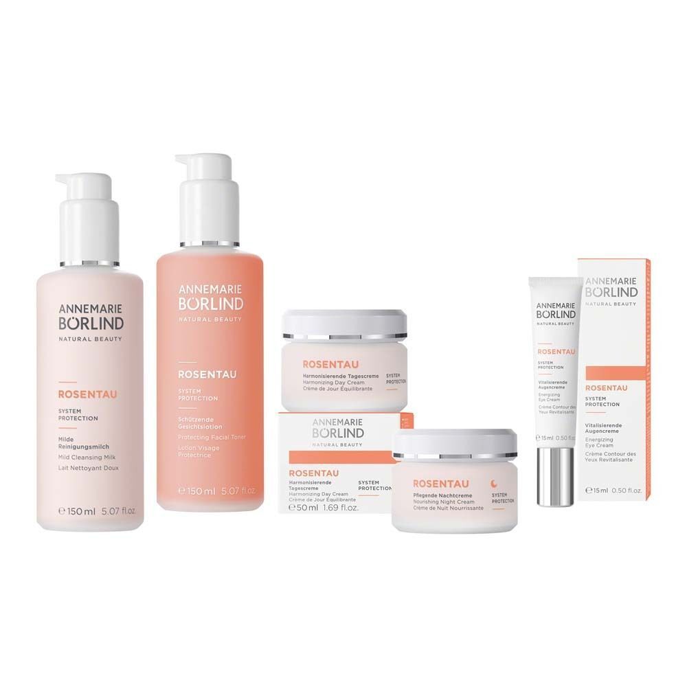 Sechs Produkte der ANNEMARIE BÖRLIND Rosentau Serie: Lotionen, Cremes und eine Tube.