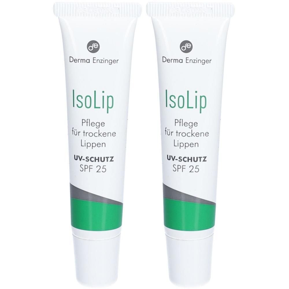 Zwei Tuben IsoLip Lippenpflege mit UV-Schutz SPF 25 für trockene Lippen.