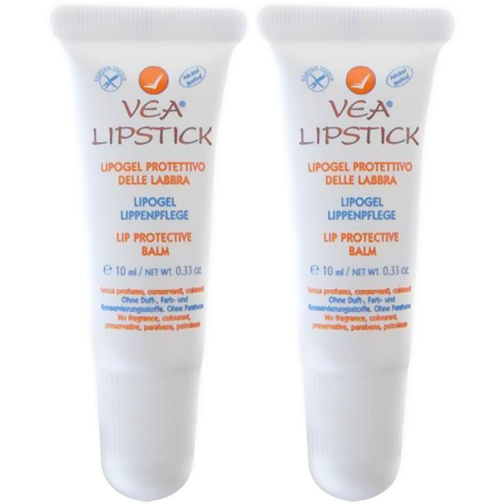 Zwei Tuben VEA® Lipstick. Weiße Tuben mit orangefarbener Schrift. Enthält Lipogel für die Lippenpflege. 10 ml.