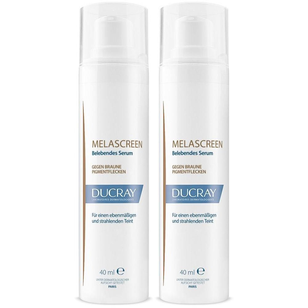 Zwei weiße Flaschen mit Pumpverschluss. Aufschrift: MELASCREEN, Belebendes Serum gegen Pigmentflecken. Marke: DUCRAY. 40 ml.