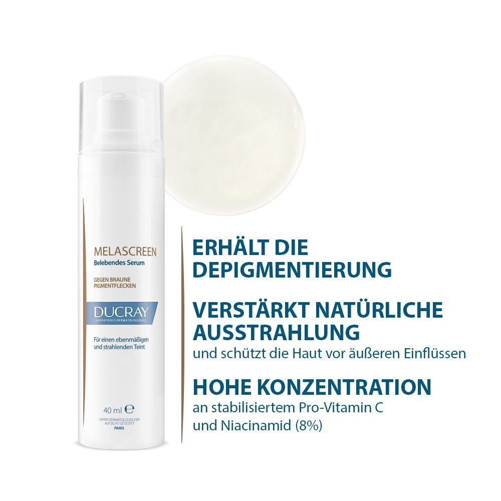 Weiße Flasche mit Pumpverschluss. MELASCREEN, Belebendes Serum. Text: Erhält die Depigmentierung, verstärkt Ausstrahlung. 40 ml. Marke: DUCRAY.